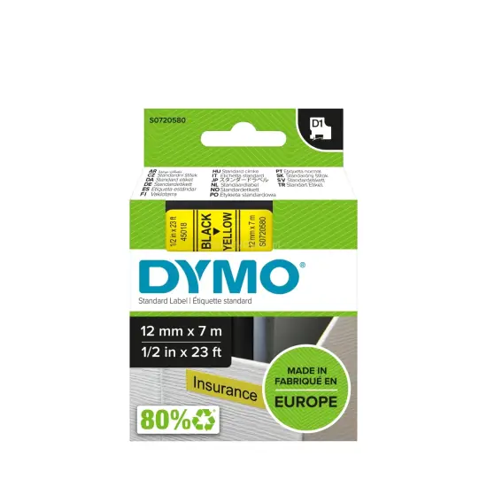 Taśma DYMO D1 - 12 mm x 7 m żółta / czarne tło S0720580 / 45018